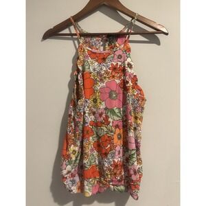 Fifty Street Tank Top Vibrant Floral Cami Scalloped Neckline Women's L Buttons